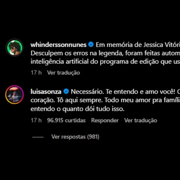 Luísa Sonza demonstrou apoio e se declarou a Whindersson Nunes
