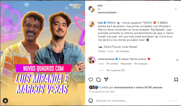 BBB 24 já anunciou que os quadros humorados ficarão sobre a responsabilidade de: Luis Miranda e Marcos Veras