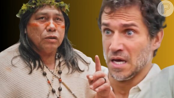 Em 'Terra e Paixão', Jurecê (Daniel Munduruku) tem visão das maldades de Irene (Gloria Pires) e alerta Vinícius (Paulo Rocha).