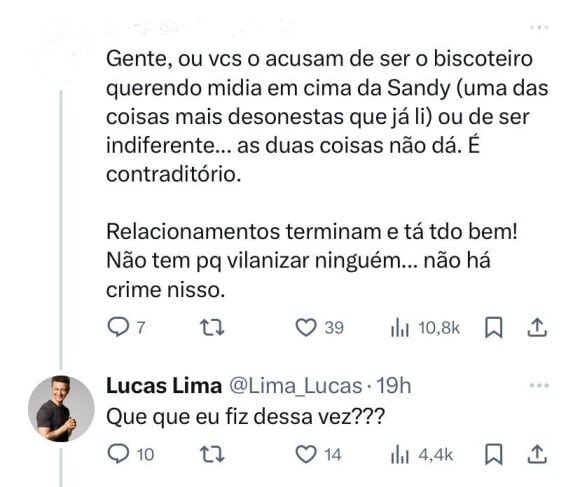 Fã de Sandy publicou um tweet em defesa de Lucas Lima e o músico quis saber: 'Que que eu fiz dessa vez?'