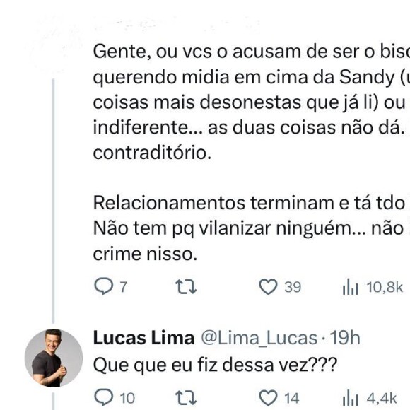 Fã de Sandy publicou um tweet em defesa de Lucas Lima e o músico quis saber: 'Que que eu fiz dessa vez?'