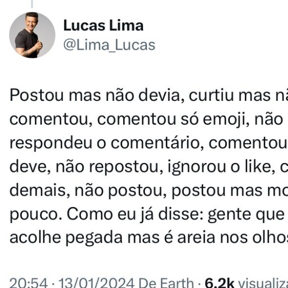 Lucas Lima rebateu: 'Como eu já disse: gente que acha que acolhe pegada, mas é areia nos olhos'