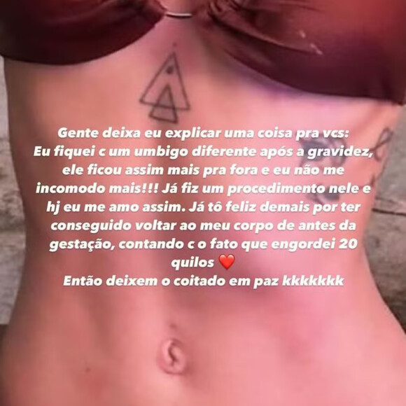 Após críticas de internautas, Maria Lina reagiu com bom humor e explicou porque o seu umbigo é 'pontudo'
