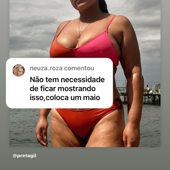 Preta Gil recebeu crítica de internauta após foto de biquíni: 'Não tem necessidade de ficar mostrando isso, coloca um maiô'