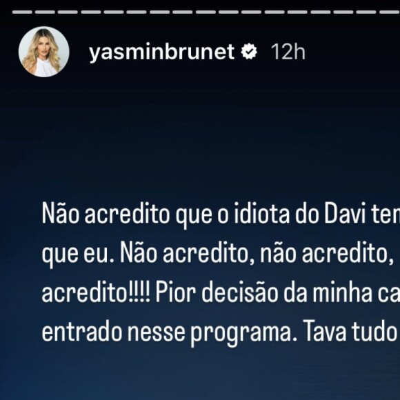 Suposto print de uma postagem de Yasmin Brunet em seu close friends viralizou na internet