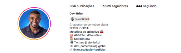 Davi já passou os 7,2 milhões de seguidores no Instagram, superando os 6,7 milhões de Yasmin Brunet