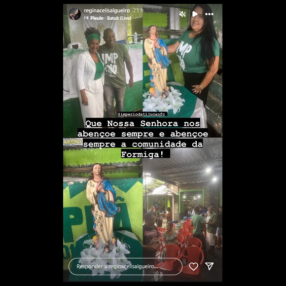 Regina Celi postou foto na Império da Tijuca, onde ocupará posto importante no carnaval 2025, após ter nome citado por assassino de Marielle Franco