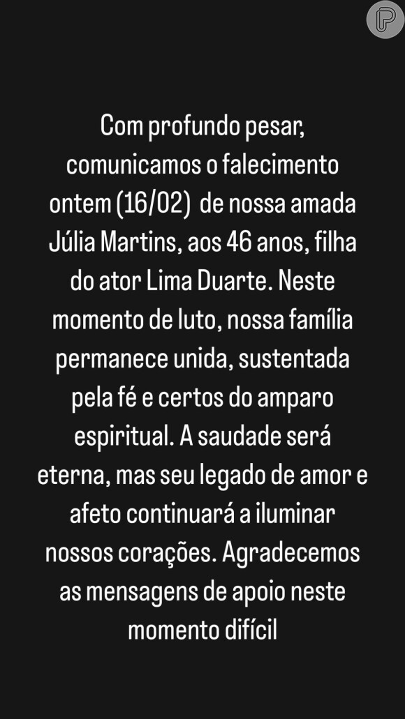 Família de Lima Duarte deixou post após a morte de Júlia Martins, uma das três filhas do ator. Os internautas se preocuparam com a saúde do ator.