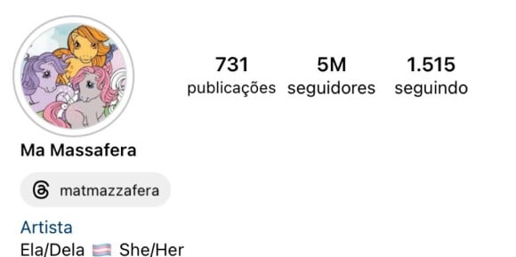 Maya Mazzafera, na bio do Instagram, confirmou os rumores de redesignação de gênero: 'Ela/Dela - She/Her'