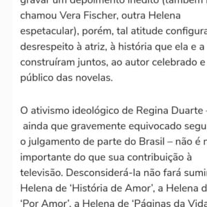 Globo x Regina Duarte: colunista lembrou papéis marcantes da atriz em novelas da rede carioca