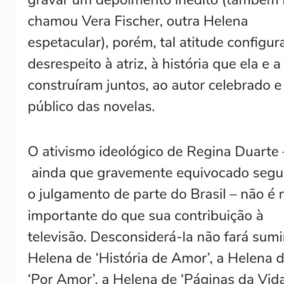 Globo x Regina Duarte: colunista lembrou papéis marcantes da atriz em novelas da rede carioca