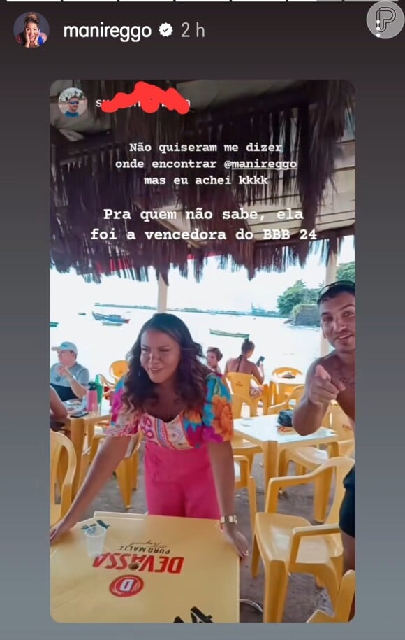 Mani Reggo compartilhou um storie publicado por um fã que a encontrou em uma lanchonete