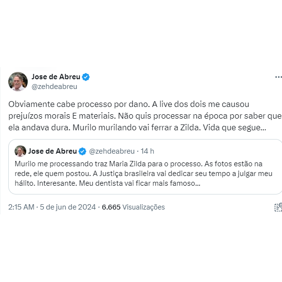 José de Abreu vai no X falar sobre o caso e alfineta Murilo Rosa e Maria Zilda