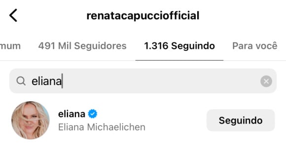 Renata Capucci retribuiu o 'follow' de Eliana no Instagram
