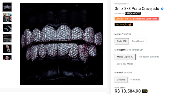 O terceiro grillz comprado por MC Daniel foi um de prata cravejada com zircônia, no valor de R$ 13,5 mil com desconto