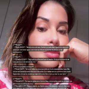 Em uma sequência de stories, Maíra Cardi disse ter feito seu jejum 'para Deus' e listou algumas passagens bíblicas que abordam o assunto