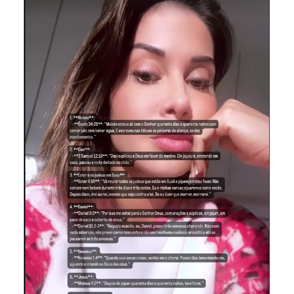 Em uma sequência de stories, Maíra Cardi disse ter feito seu jejum 'para Deus' e listou algumas passagens bíblicas que abordam o assunto