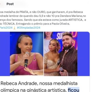 Medalha de prata de Rebeca Andrade reacendeu polêmica no X: 'Essa medalha de prata é pra Rebeca lembrar de quando deu 9,9 e não 10 pra Dandara Mariana', postou internauta