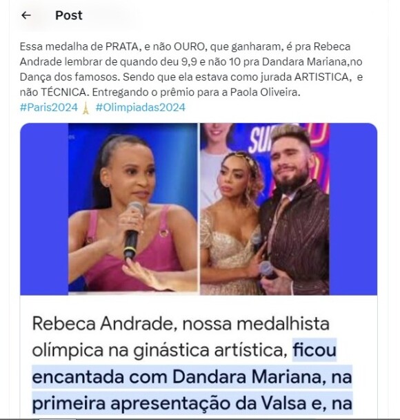 Medalha de prata de Rebeca Andrade reacendeu polêmica no X: 'Essa medalha de prata é pra Rebeca lembrar de quando deu 9,9 e não 10 pra Dandara Mariana', postou internauta