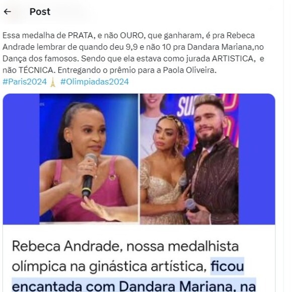 Medalha de prata de Rebeca Andrade reacendeu polêmica no X: 'Essa medalha de prata é pra Rebeca lembrar de quando deu 9,9 e não 10 pra Dandara Mariana', postou internauta