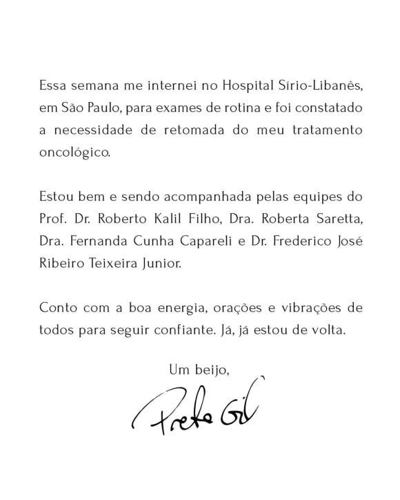 Preta Gil já tinha anunciado a retomada de seu tratamento oncológico