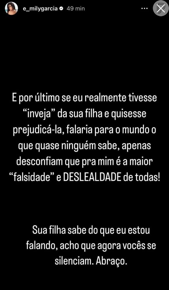 Emily Garcia afirmou que sabe de um segredo cabeludo de Virgínia Fonseca