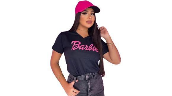 T Shirt Baby Look Rosa Pink Estampa Barbie, Aristem