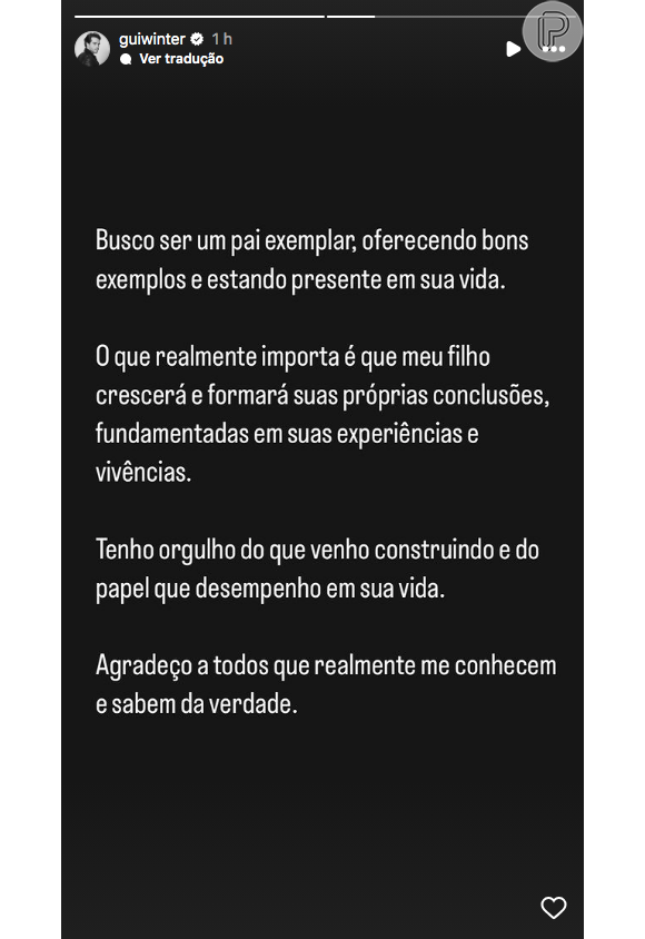 Por fim, Guilherme Winter falou sobre o crescimento do filho e o fato dele "formar suas próprias conclusões"