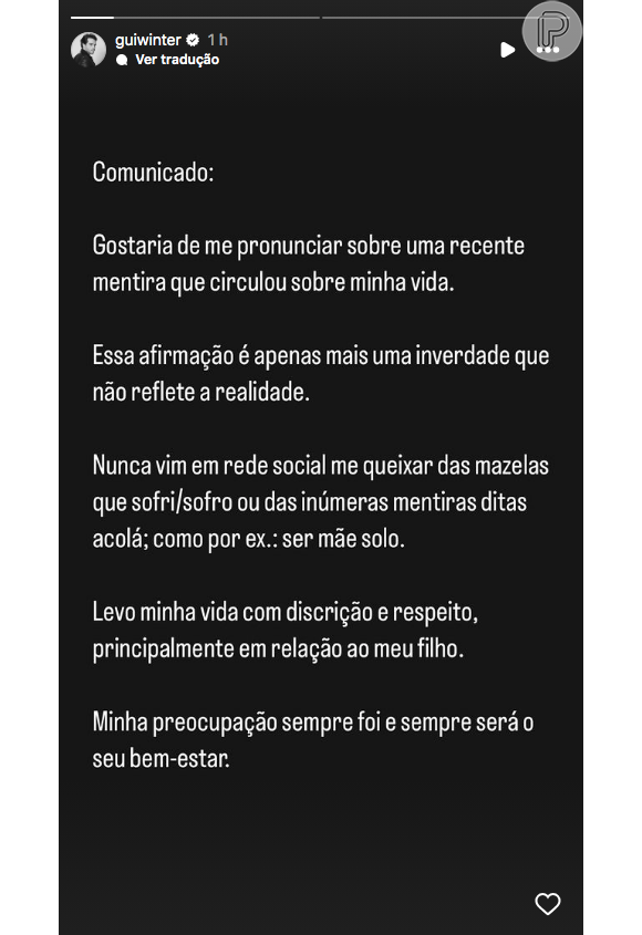 Na tarde deste sábado (02), Guilherme Winter se pronunciou nos stories do Instagram negando os fatos expostos por Giselle Itié