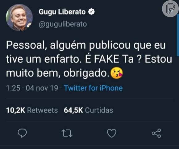 Gugu Liberato 17 dias antes de morrer: 'Pessoal, alguém publicou que eu tive um infarto. É fake, tá? Estou muito bem, obrigado'