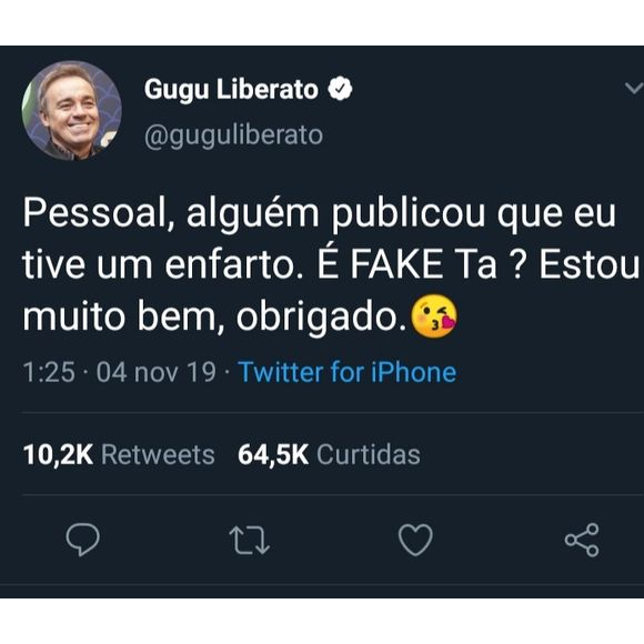 Gugu Liberato 17 dias antes de morrer: 'Pessoal, alguém publicou que eu tive um infarto. É fake, tá? Estou muito bem, obrigado'