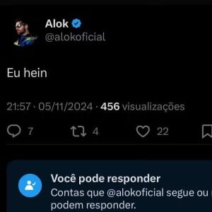 Alok parece ter reagido ao post de Anitta. 'Eu, hein?', publicou o DJ minutos depois no X. Ele apagou o post em seguida