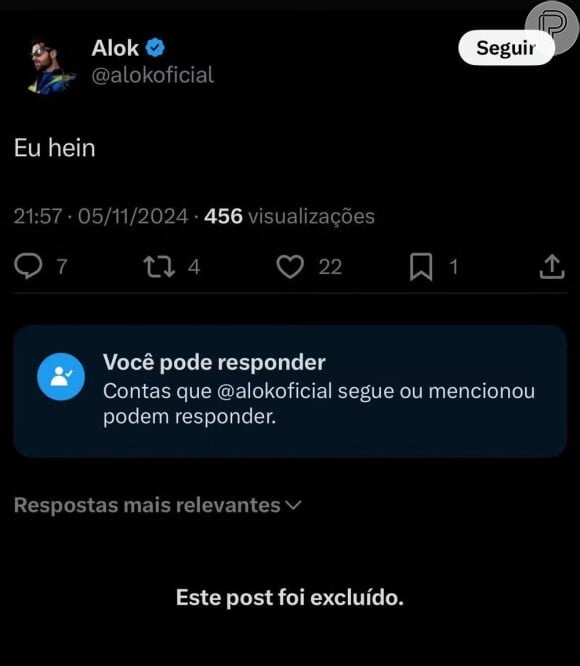 Alok parece ter reagido ao post de Anitta. 'Eu, hein?', publicou o DJ minutos depois no X. Ele apagou o post em seguida