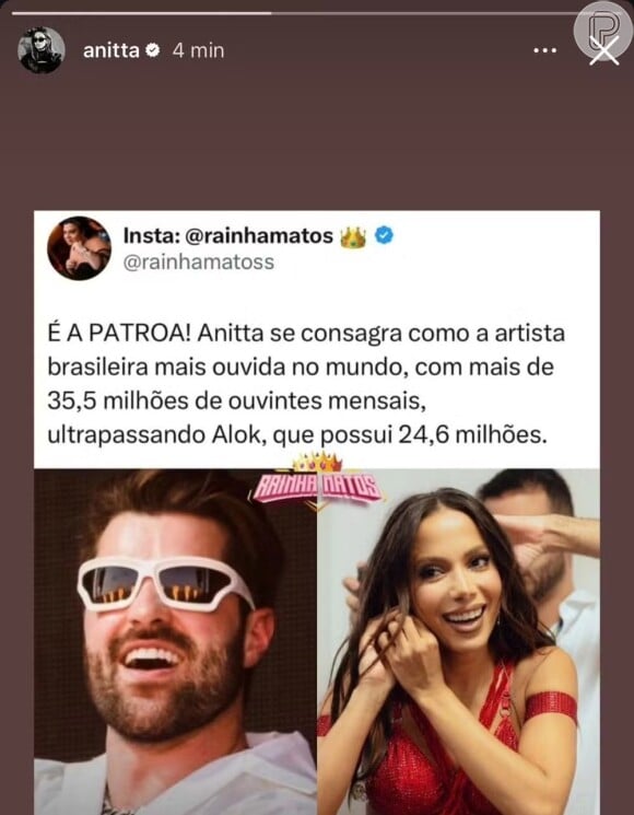 Anitta compartilhou um post para comemorar que ultrapassou Alok: 'É a patroa'