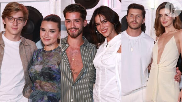 Joaquim Huck e namorada, e casais Bruna Marquezine e João Guilherme e Camila Queiroz e Klebber Toledo na festa de relações públicas