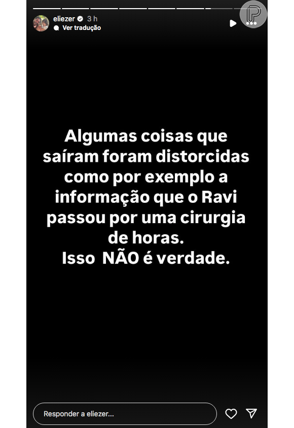 Eliezer usou seus stories do Instagram para negar o fato e dizer que é mentira, embora o filho tenha passado por um cateterismo