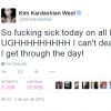 Kim Kardashian contou em sua conta no Twitter que estava muito enjoada na manhã desta terça-feira, 2 de junho de 2015