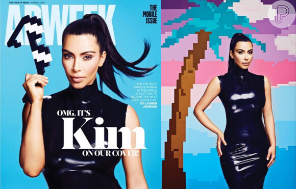 Kim Kardashian posa usando vestido de látex da grife de Atsuko Kudo para ensaio da 'AdWeek Magazine'. A socialite usou o mesmo modelo, em tom bege, para passeio por Londres