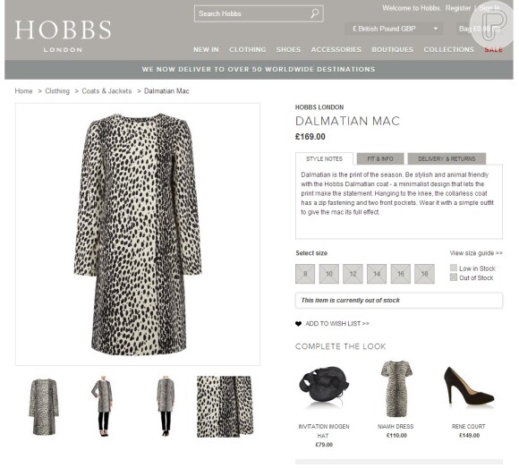 O vestido esgotou em pouco minutos no site da loja inglesa Hobbs