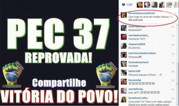 'Que seja só uma de muitas vitórias', comemorou Fernanda Souza, no Twitter, após veto da PEC 37