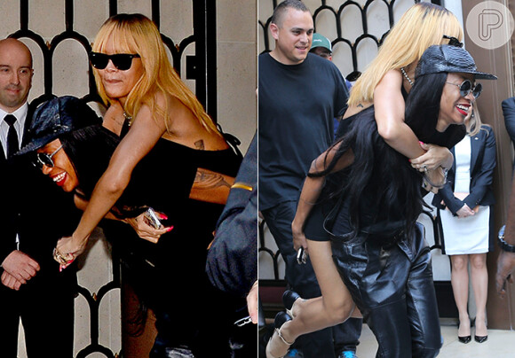 Rihanna sendo carregada por uma amiga em junho, na saída de uma boate