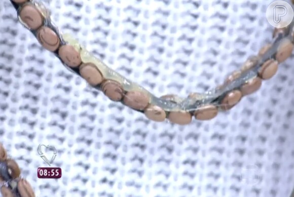 Detalhe do colar feito de feijão usado por Ana Maria Braga: 'Eu ganhei um colar novo, valioso!'