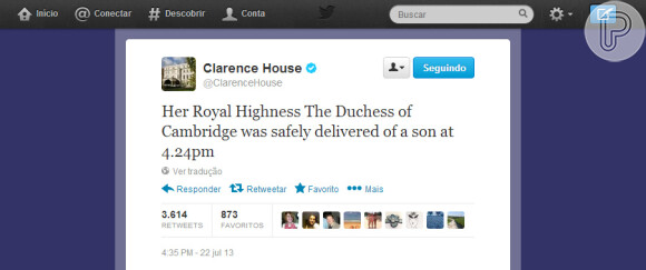 O anúncio oficial do nascimento do filho do Príncipe William e Kate Middleton foi feito também via Twitter