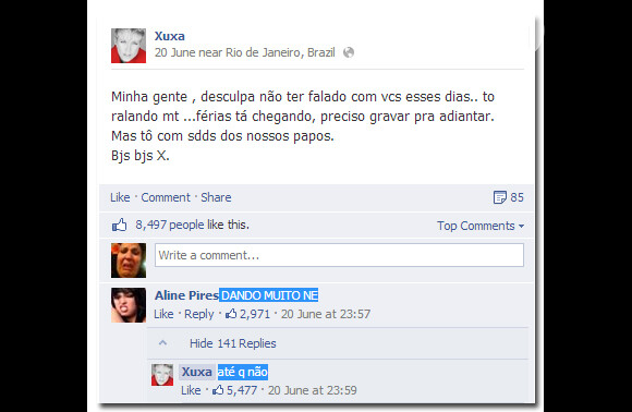 Depois de sair do Twitter, Xuxa foi para o Facebook e suas respostas para os seguidores continuam rendendo