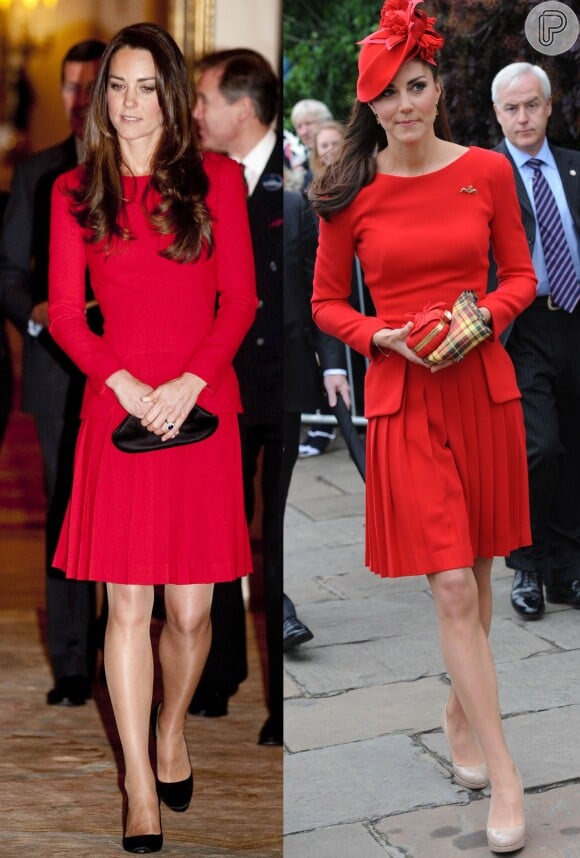 Kate Middleton apostou em vestido vermelho de Alexander McQueen e mostrou personalidade para combinar a peça em duas ocasiões diferentes. Na primeira, a duquesa participou do jubileu de diamante de 60 anos de reinado da rainha Elizabeth II, em 2012, e usou sapatos e clutch pretos. A segunda aparição com o look foi em uma recepção no palácio de Buckingham, em 2014, quando ela completou o visual com chapéu vermelho e sapatos em tom nude