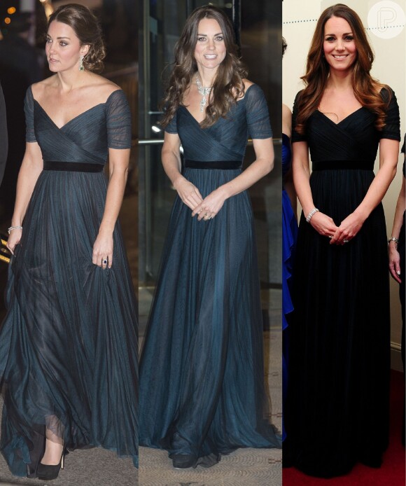 Kate Middleton gosta tanto desse vestido de Jenny Packham que já usou a peça em três diferentes ocasiões. O elegante modelo verde, vendido por R$ 8 mil, valoriza a boa forma da duquesa com a cintura marcada e tem decote discreto