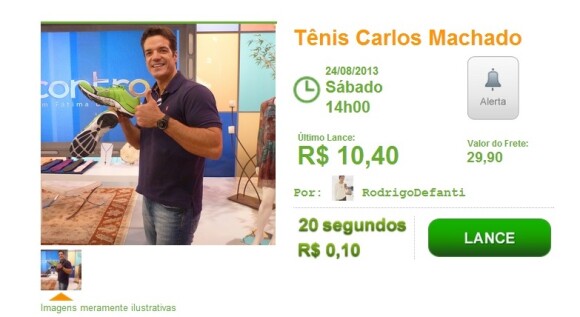 Carlos Machado, no ar em 'Amor à Vida', doou um tênis da marca Puma de seu acervo pessoal. O lance mais alto foi de R$ 10,40, mas o arremate só chega ao fim no próximo sábado, 24 de agosto de 2013