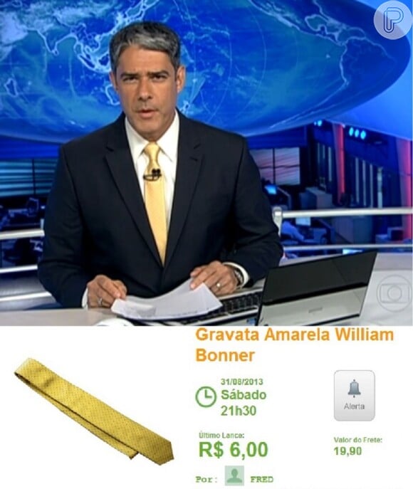 William Bonner doou cinco gravatas para o leilão. A amarela, que está com lance máximo de R$ 6, foi usada no 'Jornal Nacional' do dia 13 de agosto de 2013