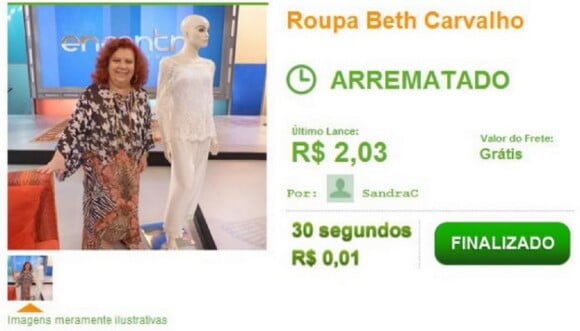 A cantora Beth Carvalho doou calça e blusa para o leilão do 'Criança Esperança'. O conjunto foi comprado por R$ 2,03