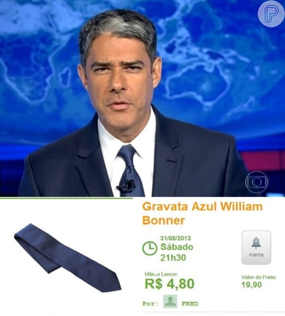 A gravata azul usada por William Bonner no último dia 12 está sendo arrematada por R$ 4,80
